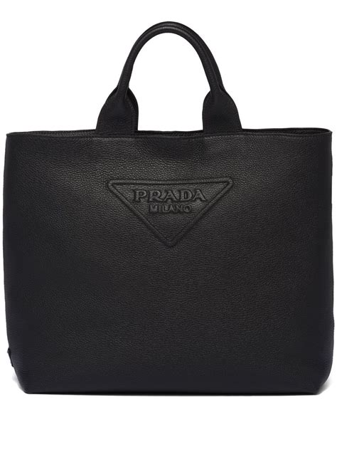 prada tote black leather embedded logo|prada leather tote price.